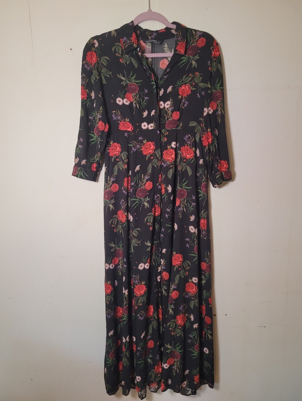 Zara Black Red Floral Maxi Shirt Dress Size Small
